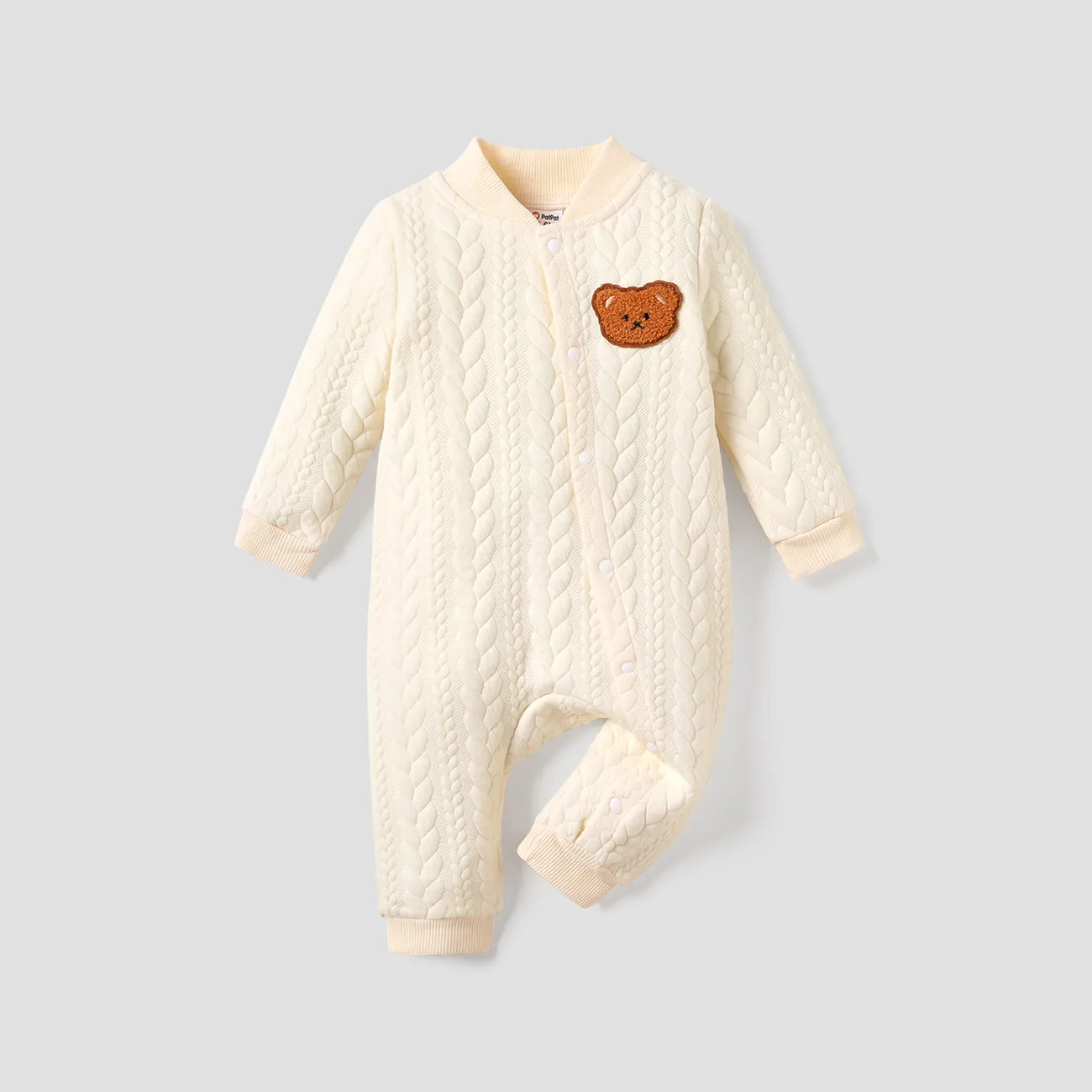 Baby Girl/Boy Bear Embroidered Knitted Jumpsuit  Apricot big image 1