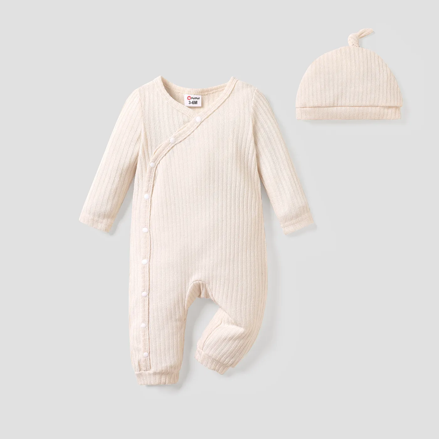 2pcs Baby Boy/Girl Solid Rib Knit Button Front Long-sleeve Jumpsuit with Hat Set Apricot