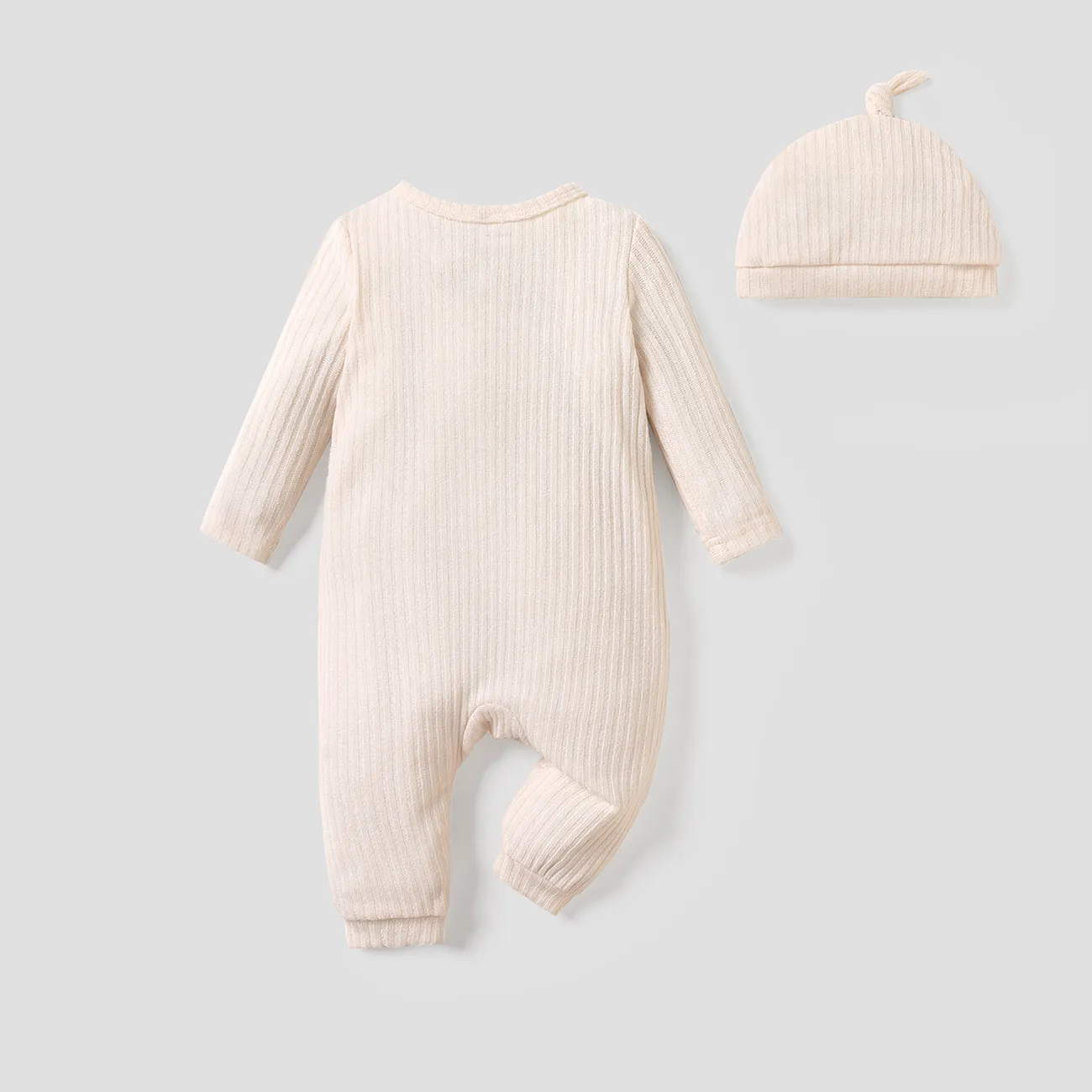 2pcs Baby Boy/Girl Solid Rib Knit Button Front Long-sleeve Jumpsuit with Hat Set Apricot big image 1