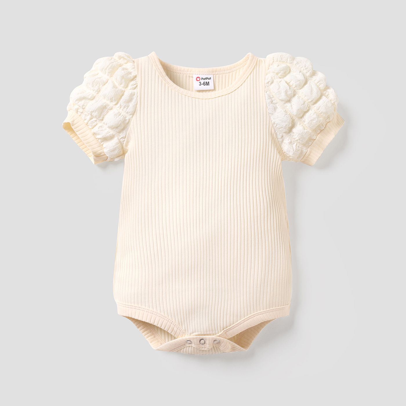 

Baby Girl Solid Cotton Ribbed Spliced Textured Puff-sleeve Romper