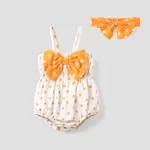 2pcs Baby Girl Polka Dots Print Bow Front Cami Romper & Headband Set Yellow
