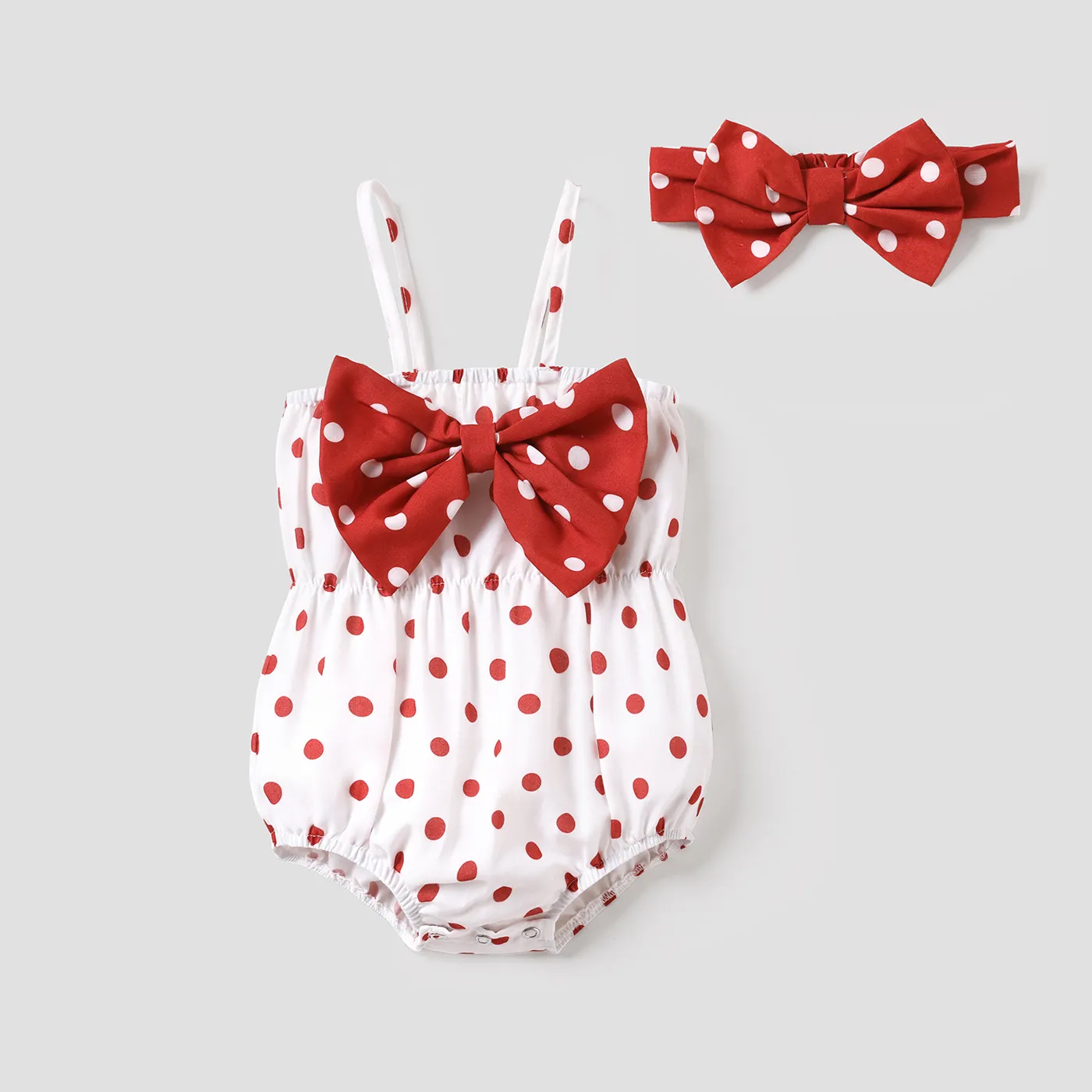 2pcs Baby Girl Polka Dots Print Bow Front Cami Romper & Headband Set Red