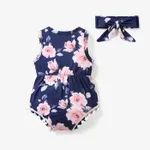 2pcs Baby Girl Floral Print Pom Poms Detail Sleeveless Naia™ Romper & Headband Set  image 2