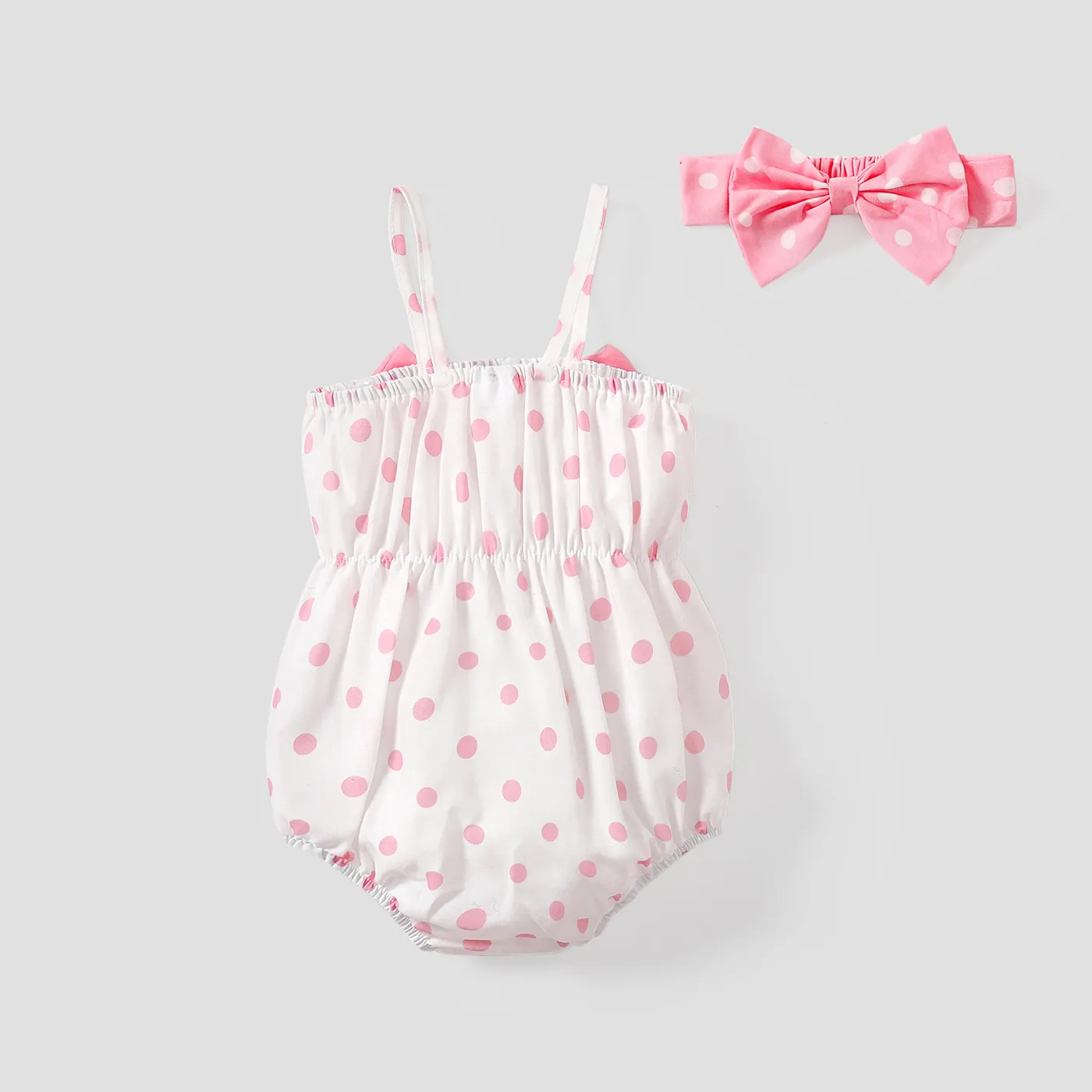 2pcs Baby Girl Polka Dots Print Bow Front Cami Romper & Headband Set  image 2
