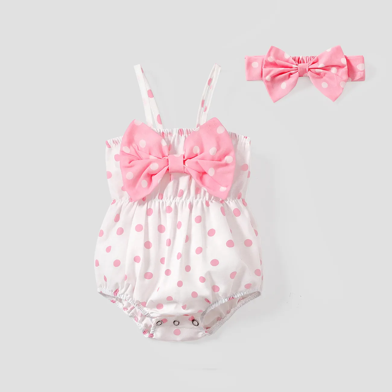 2pcs Baby Girl Polka Dots Print Bow Front Cami Romper & Headband Set  big image 1