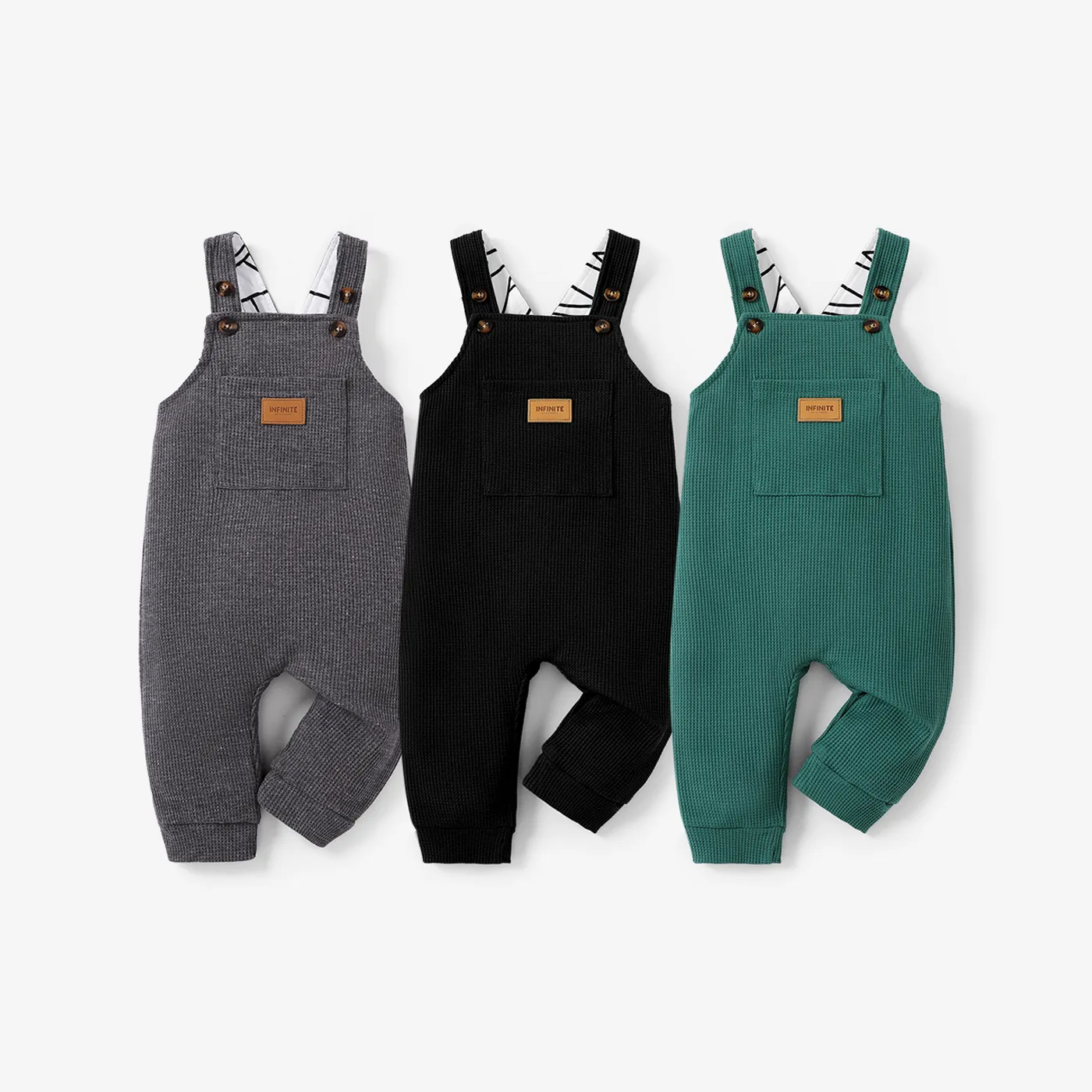 Baby Boy Waffle Letter Patched Pocket Front Overalls Grey image 2