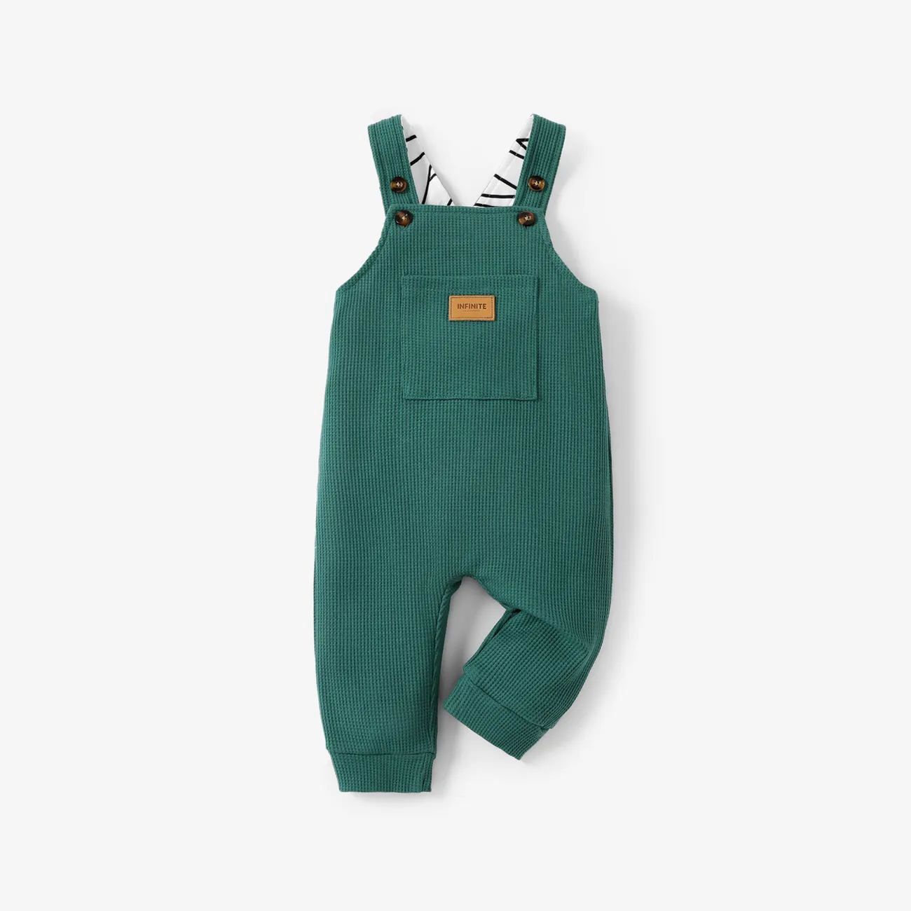 Baby Boy Waffle Letter Patched Pocket Front Overalls Green big image 1