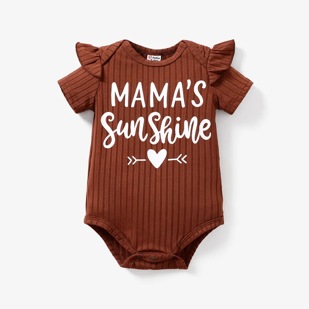 Baby Girl Letter Print Ribbed Ruffle Short-sleeve Romper big image 1