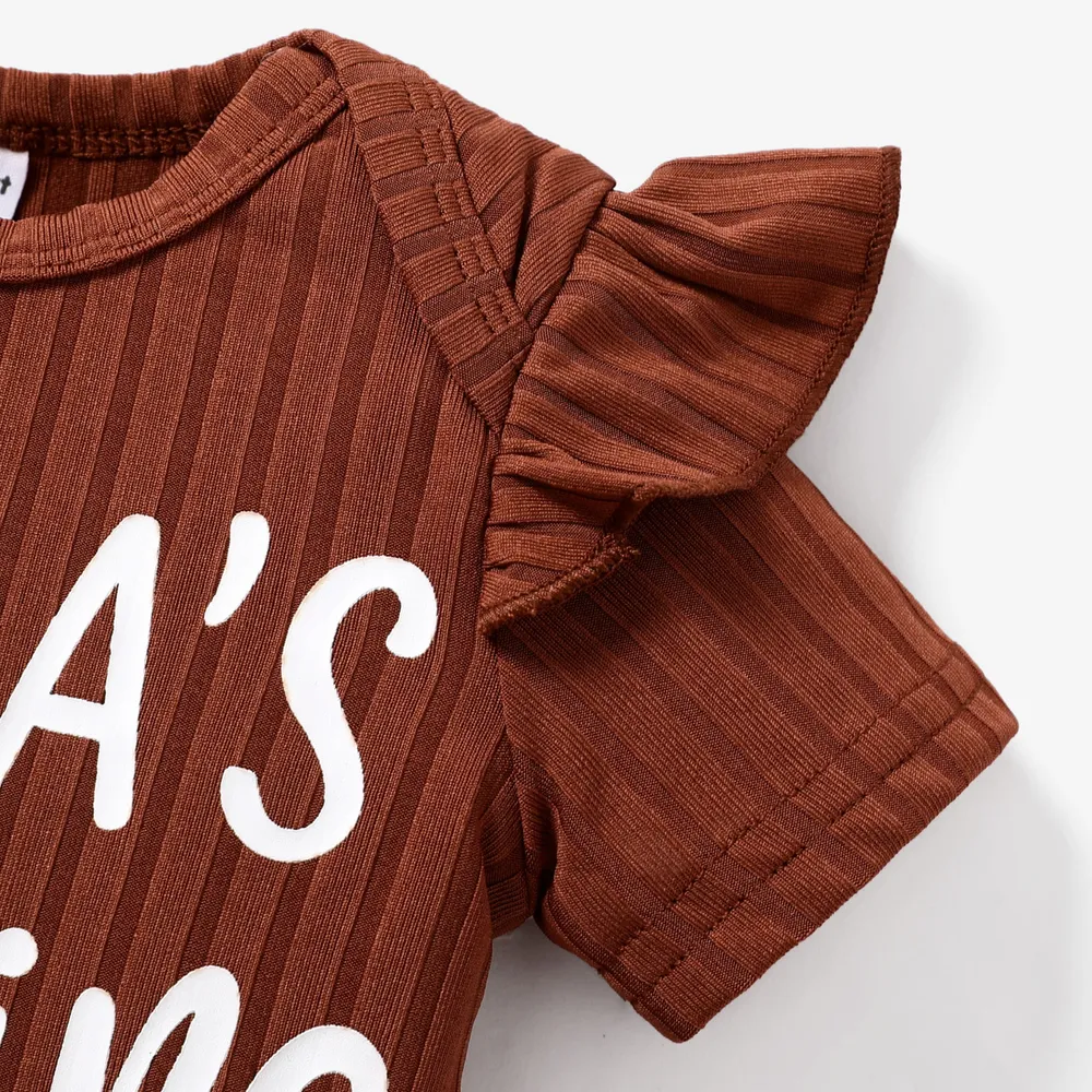 Baby Girl Letter Print Ribbed Ruffle Short-sleeve Romper big image 3