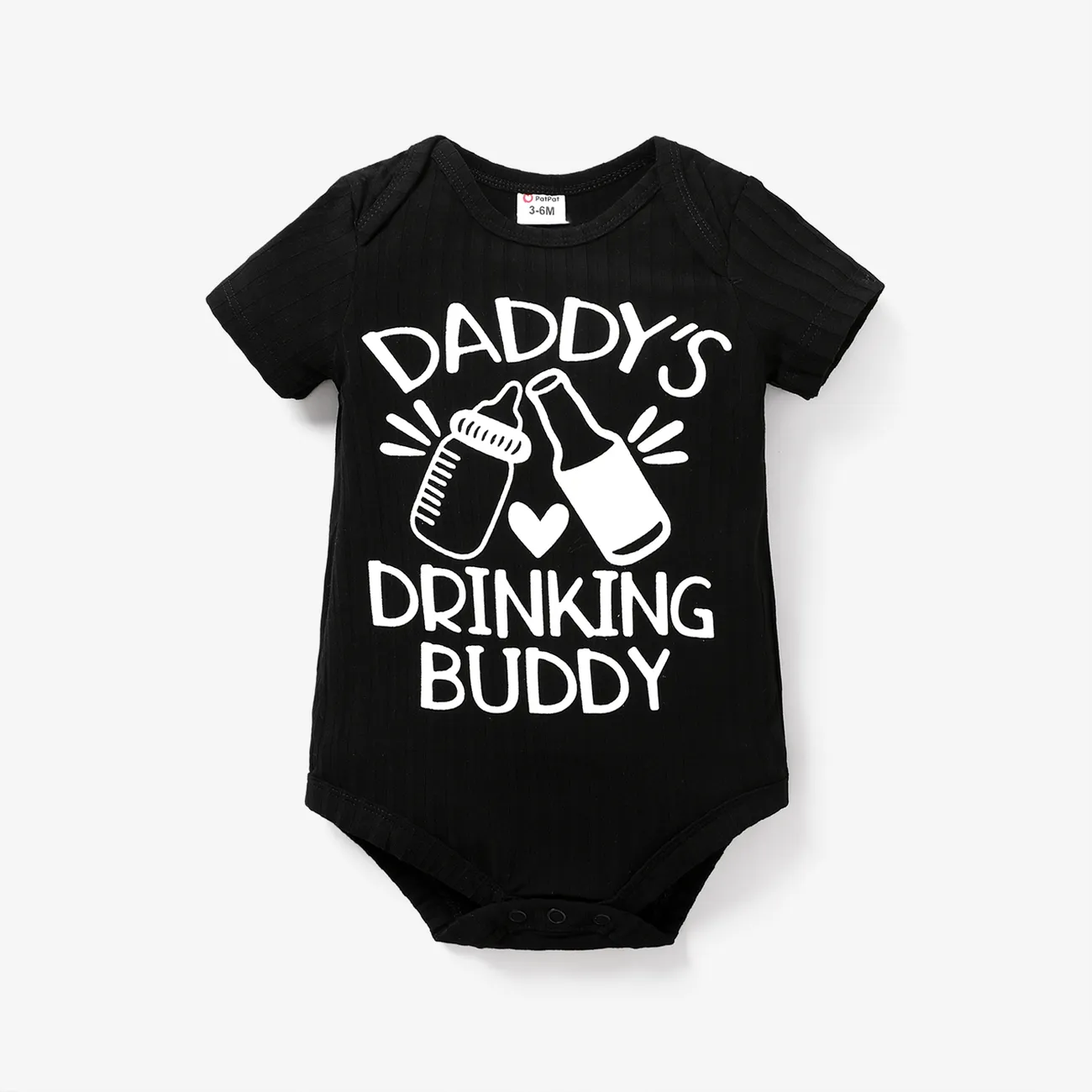 Baby Boy/Girl Short-sleeve Milk & Beer and Letter Print Ribbed Romper Black big image 1