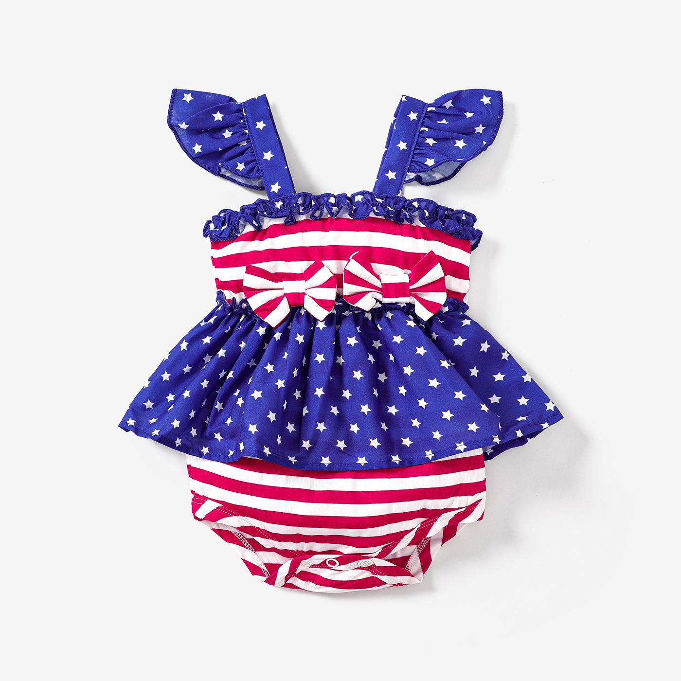

Independence Day Baby Girl Bow Front Ruffle-sleeve Romper