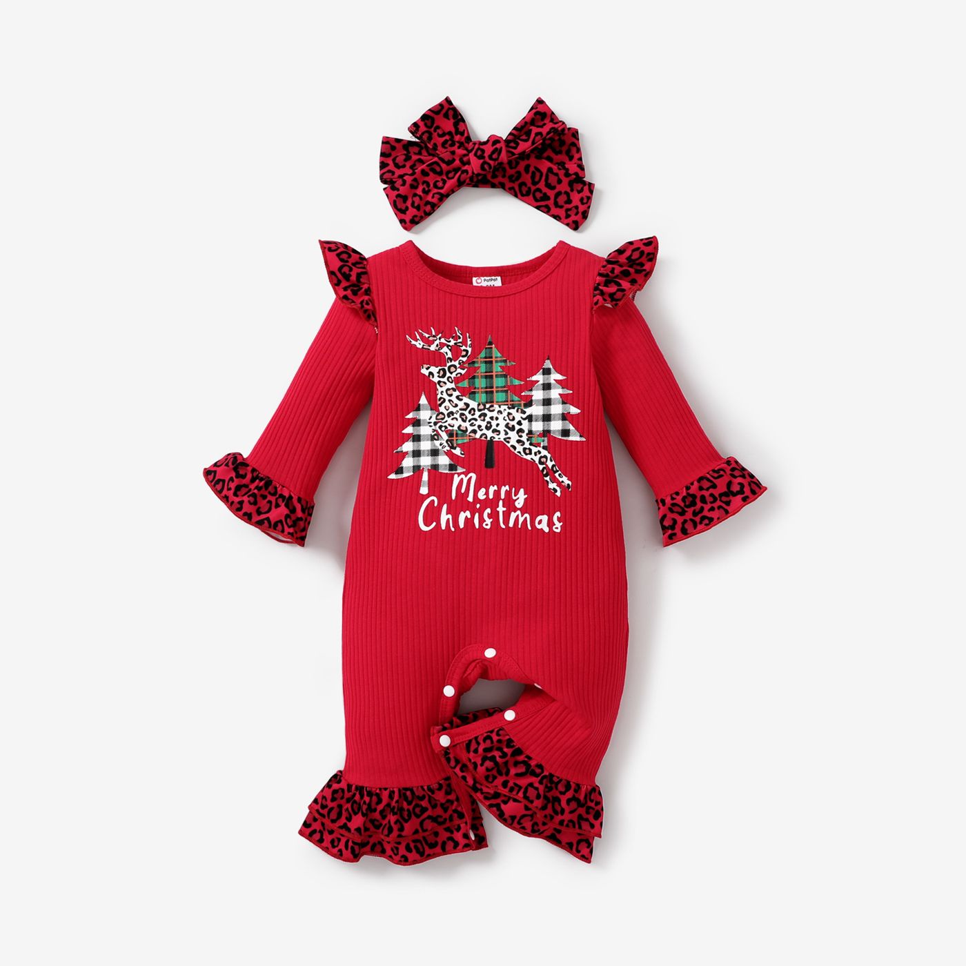 2pcs Baby Girl Christmas Flutter Sleeve Jumpsuit With Headband