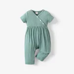 Baby Girl All Over Rabbit Print/Solid color/Floral print Ribbed V Neck Short-sleeve Jumpsuit GrayGreen