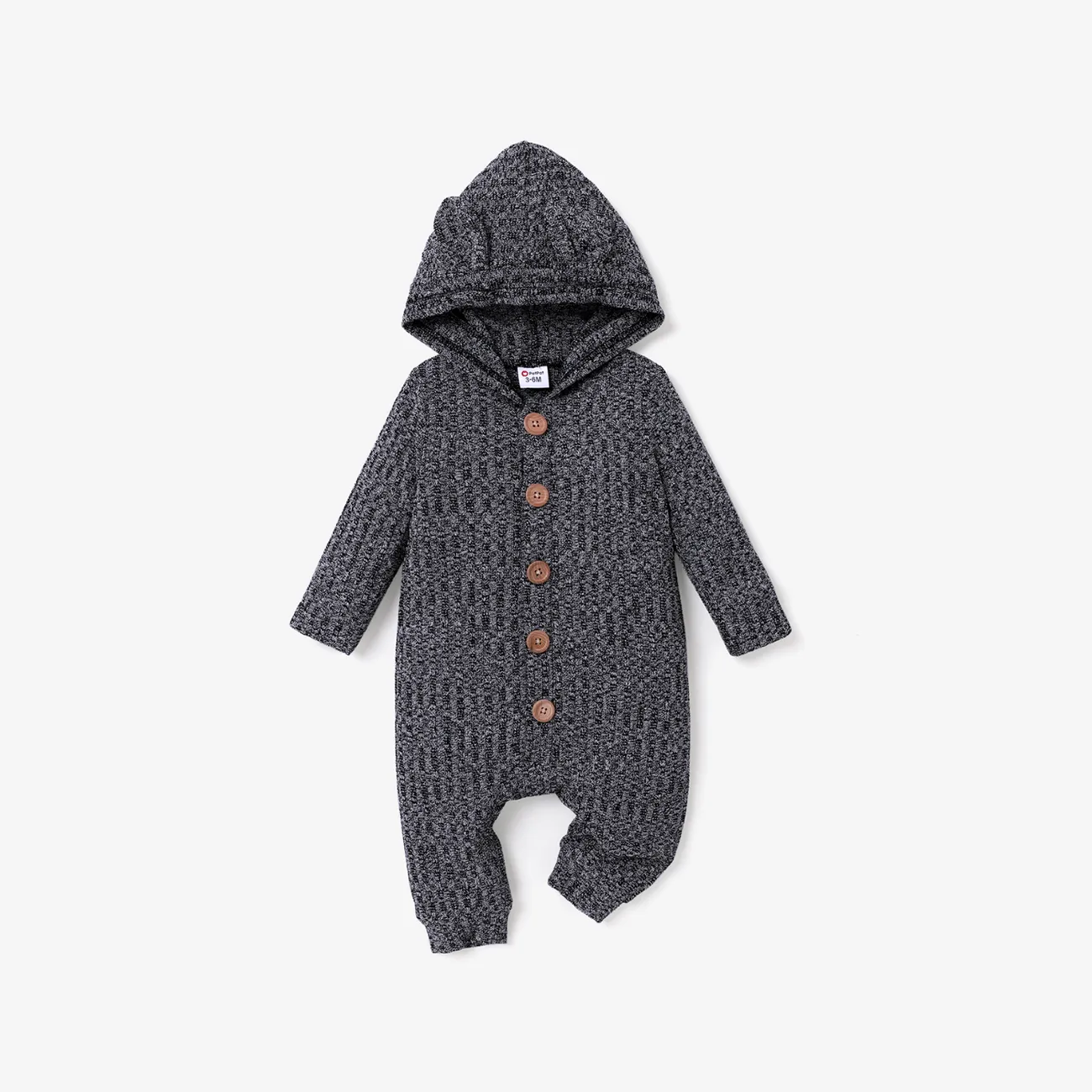 Baby Boy/Girl Heathered Ribbed Long-sleeve 3D Ears Hooded Button Down Jumpsuit Black/White big image 1