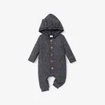 Baby Boy/Girl Heathered Ribbed Long-sleeve 3D Ears Hooded Button Down Jumpsuit Black/White