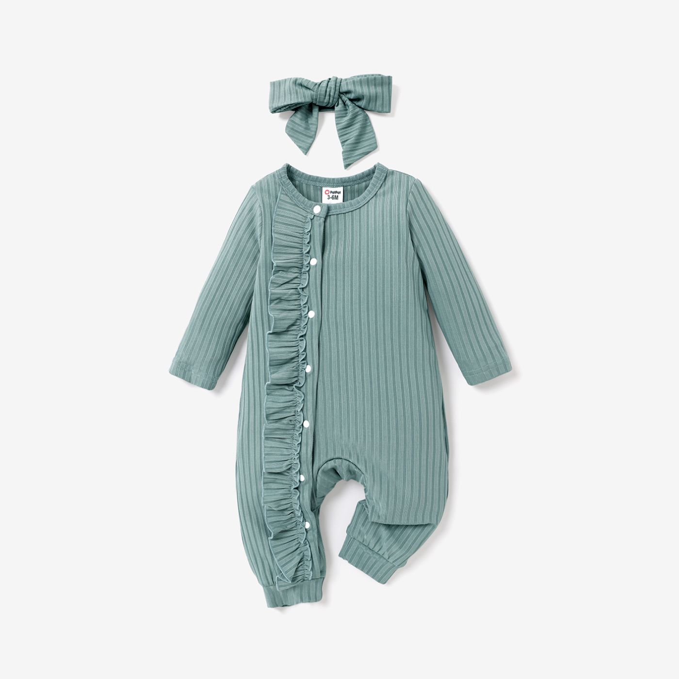 2pcs Baby Girl Ribbed Green/White Rabbit Print Long-sleeve Ruffle Jumpsuit Set