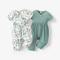 Baby Girl All Over Rabbit Print/Solid Ribbed V Neck Short-sleeve Jumpsuit  image 2