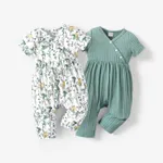 Baby Girl All Over Rabbit Print/Solid color/Floral print Ribbed V Neck Short-sleeve Jumpsuit  image 2