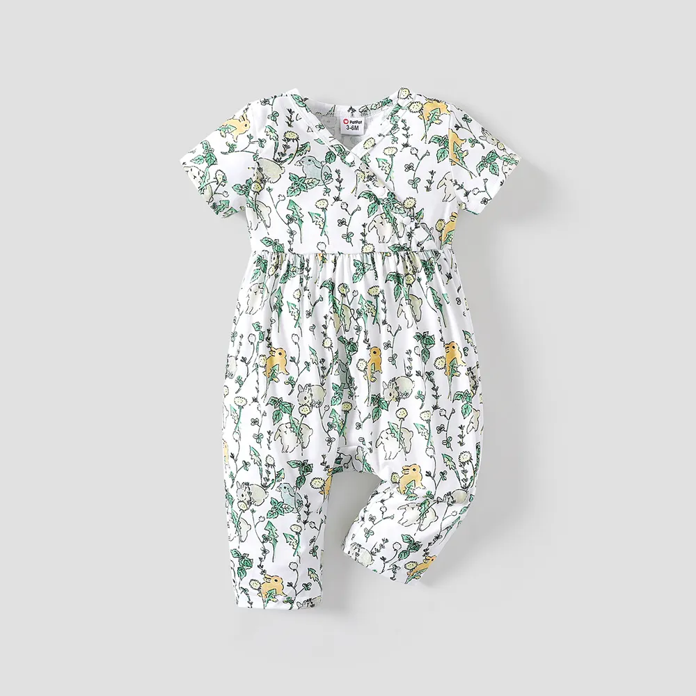 Baby Girl All Over Rabbit Print/Solid Ribbed V Neck Short-sleeve Jumpsuit  big image 1