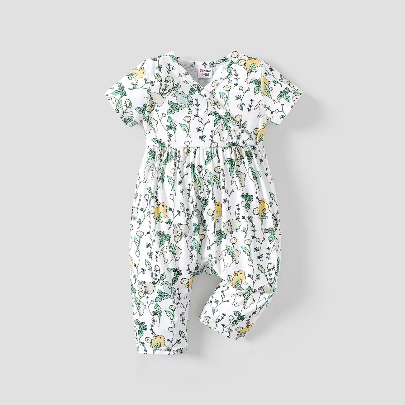Baby Girl All Over Rabbit Print/Solid color/Floral print Ribbed V Neck Short-sleeve Jumpsuit  big image 1
