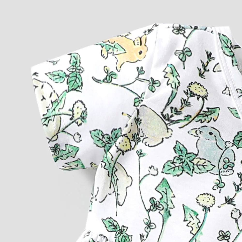 Baby Girl All Over Rabbit Print/Solid Ribbed V Neck Short-sleeve Jumpsuit  big image 5
