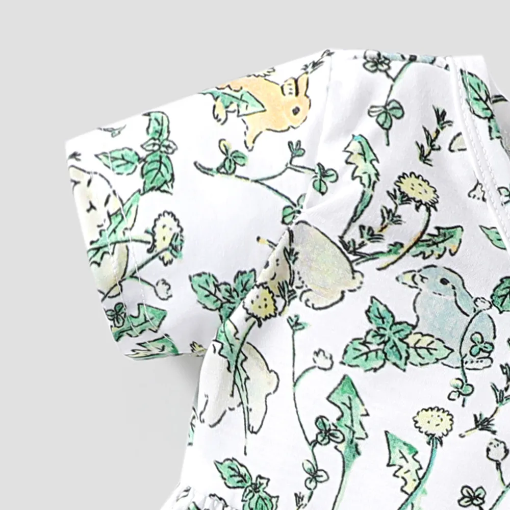 Baby Girl All Over Rabbit Print/Solid Ribbed V Neck Short-sleeve Jumpsuit big image 5
