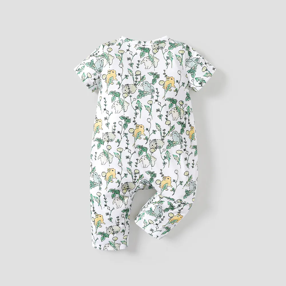 Baby Girl All Over Rabbit Print/Solid Ribbed V Neck Short-sleeve Jumpsuit  big image 3