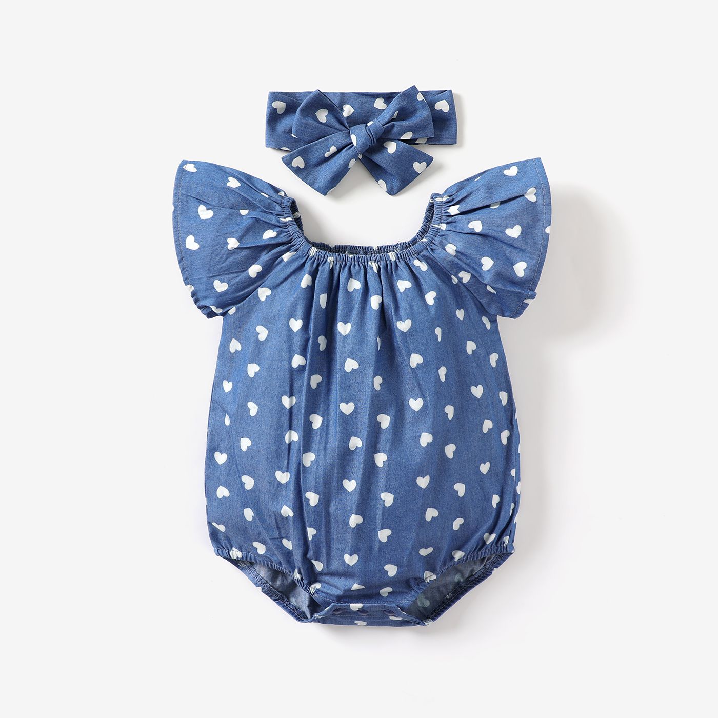 

2pcs Baby Girl All Over Love Heart Print Imitation Denim Sleeveless Ruffle Romper with Headband Set