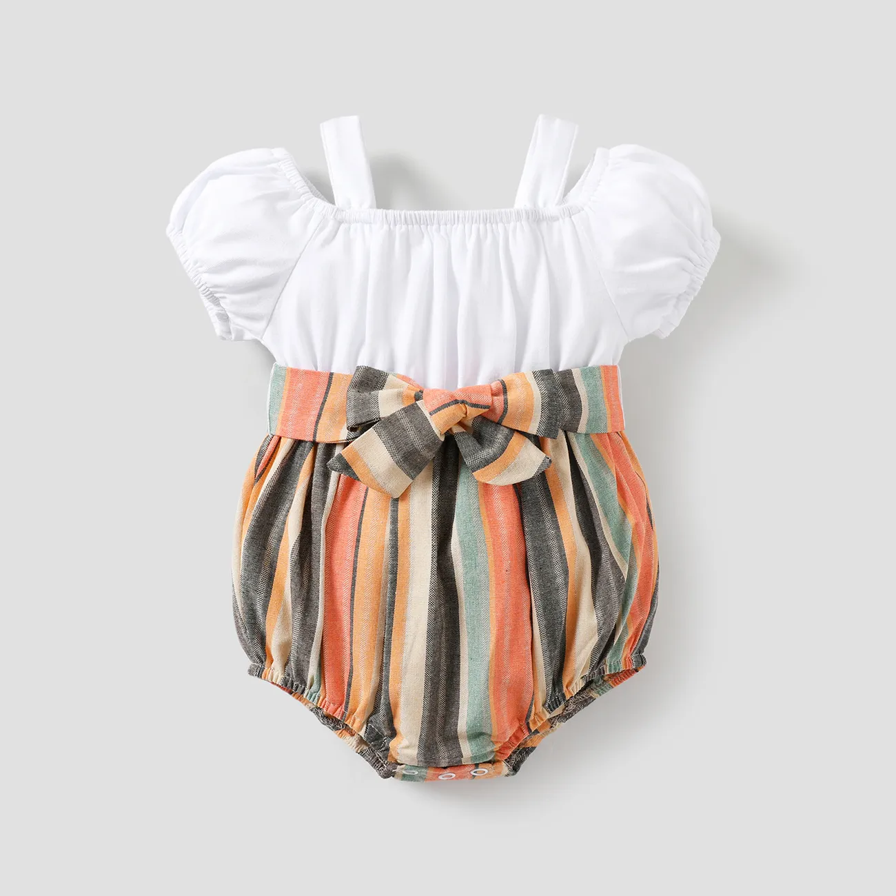 Baby Girl Cotton Cold Shoulder Puff-sleeve Spliced Striped Belted Romper  big image 1