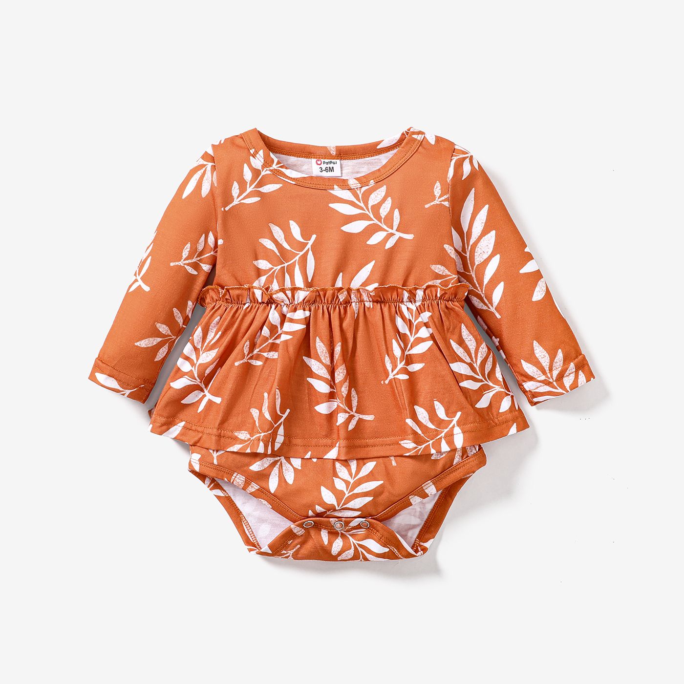 

Baby Girl Brown/White All Over Leaves Print Long-sleeve Romper