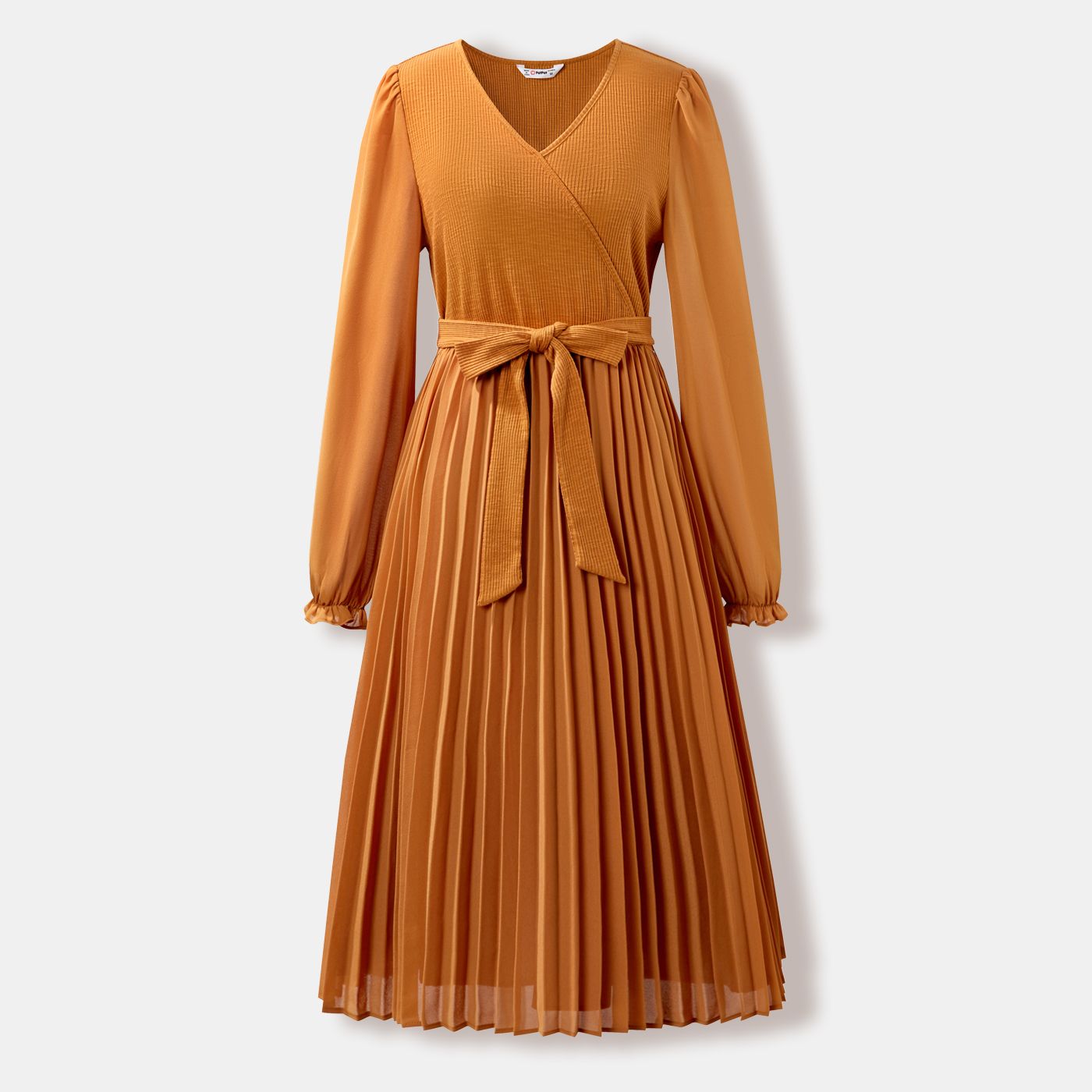 

Family Matching Ribbed Lapel Collar Long-sleeve Tops and V-neck Belted Dresses Sets