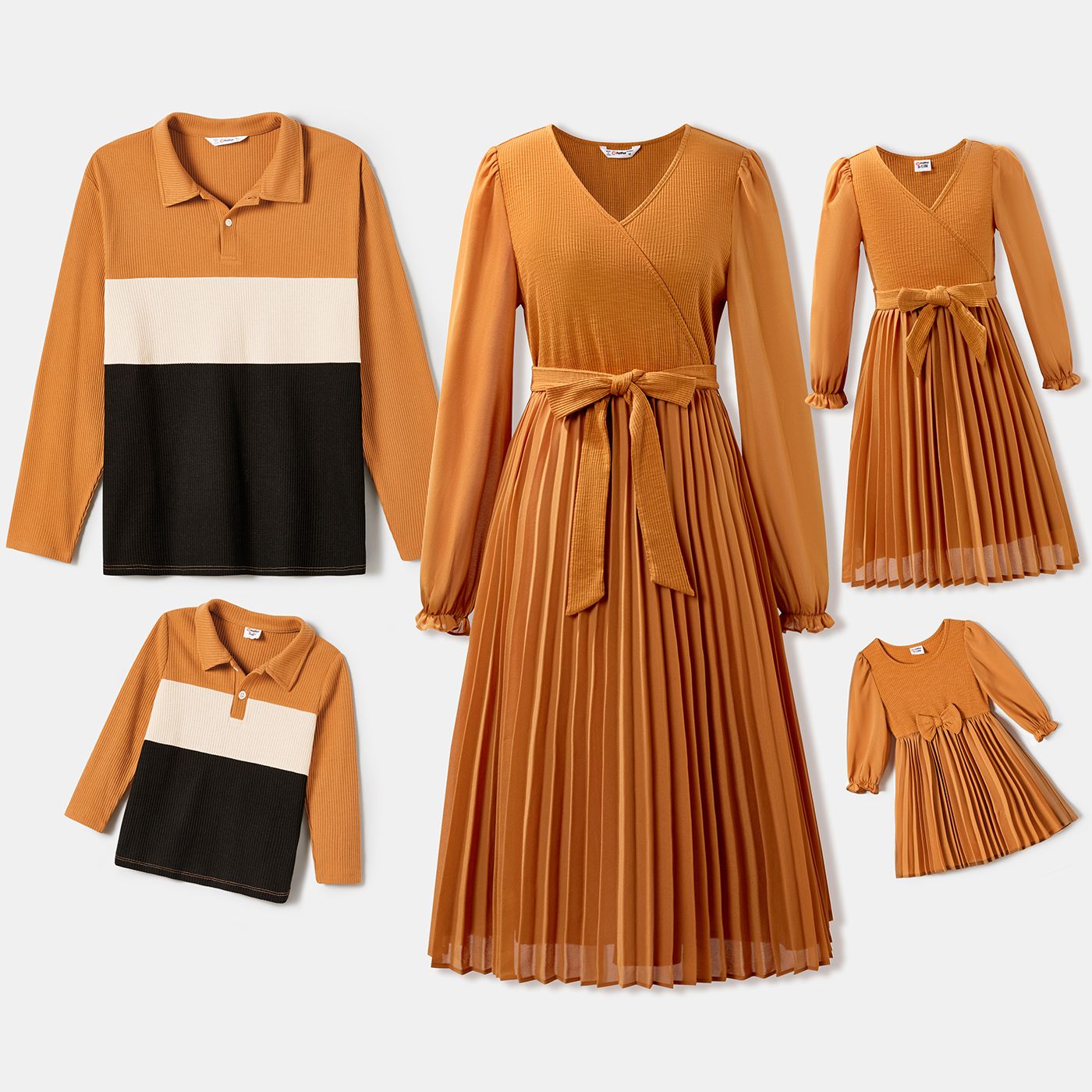 

Family Matching Ribbed Lapel Collar Long-sleeve Tops and V-neck Belted Dresses Sets