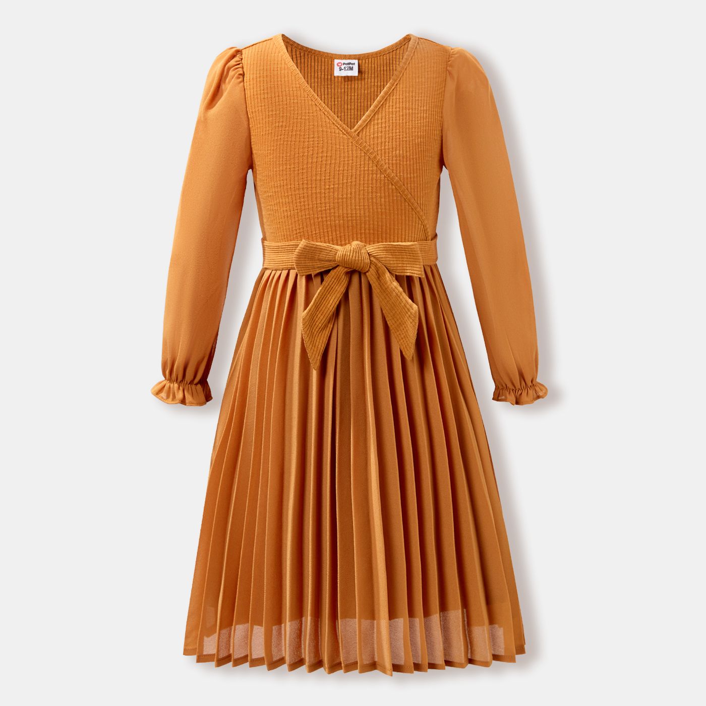 

Family Matching Ribbed Lapel Collar Long-sleeve Tops and V-neck Belted Dresses Sets