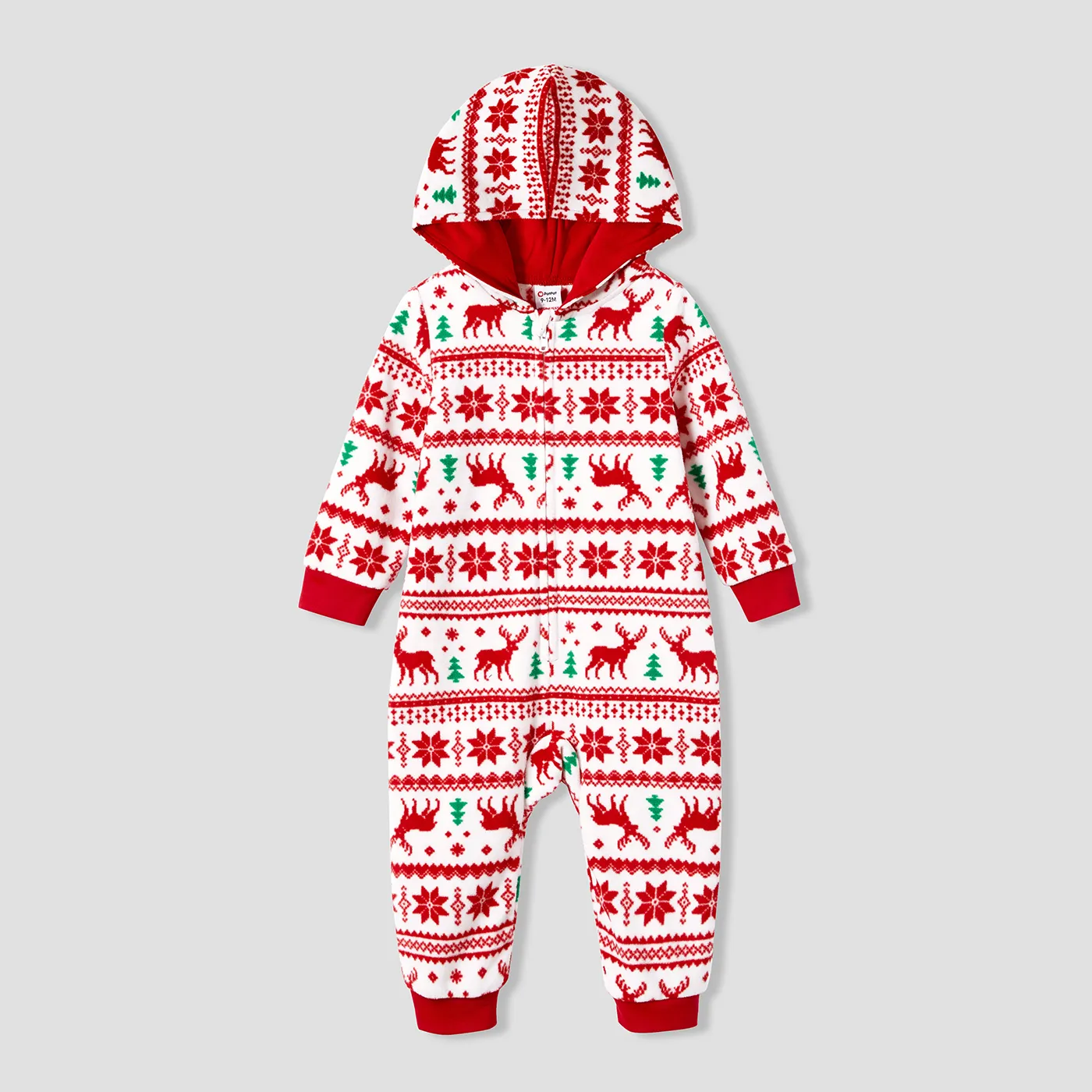 Christmas Family Matching Festival Theme All-over Print Long-sleeve Fleece Hooded Onesies Pajamas (Flame resistant)  Red image 4