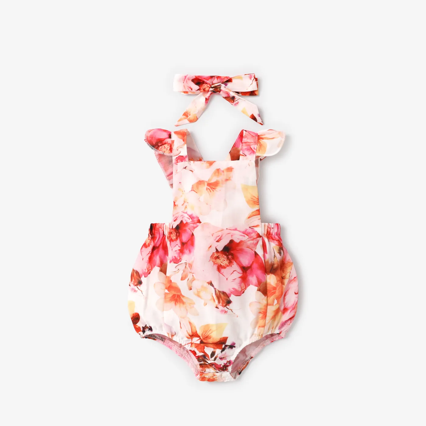 2pcs Baby Girl Allover Floral Print Ruffle Trim Sleeveless Romper & Headband Set  big image 1