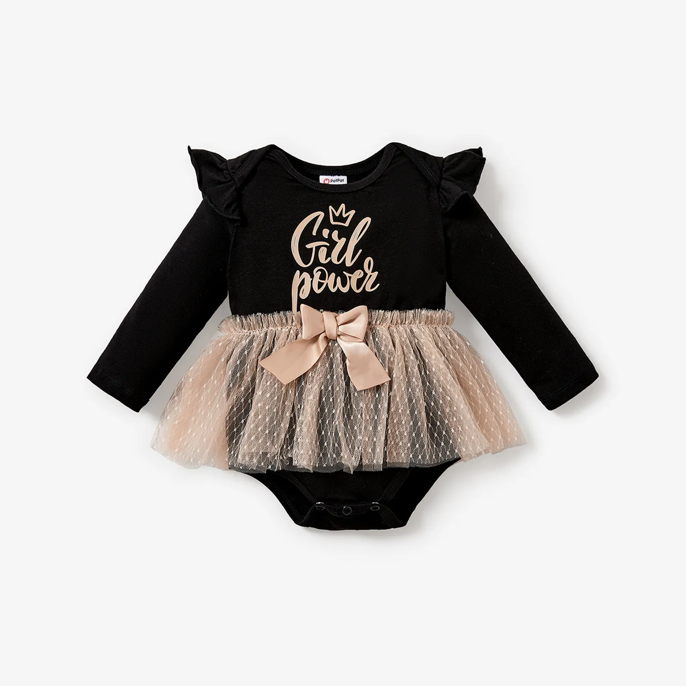 Baby Girl Sweet Mesh Letter Print Long Sleeve Romper Black big image 1