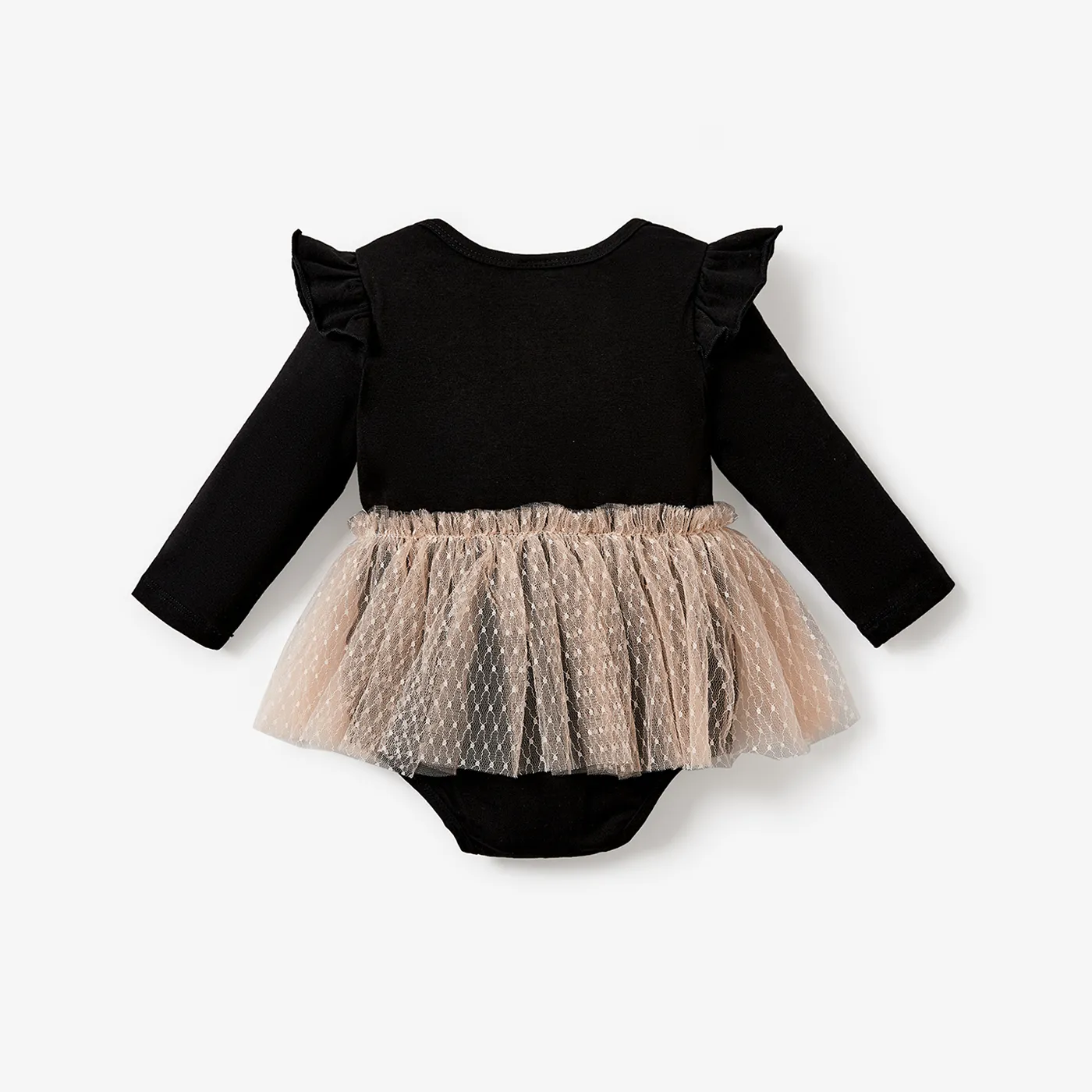 Baby Girl Sweet Mesh Letter Print Long Sleeve Romper Black image 2