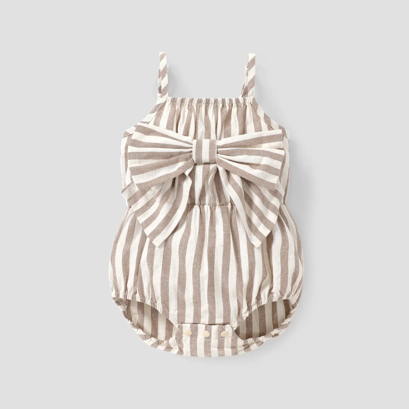 Baby Girl 100% Cotton Solid/Striped/Floral Print Sleeveless Spaghetti Strap Bowknot Romper Khaki big image 1