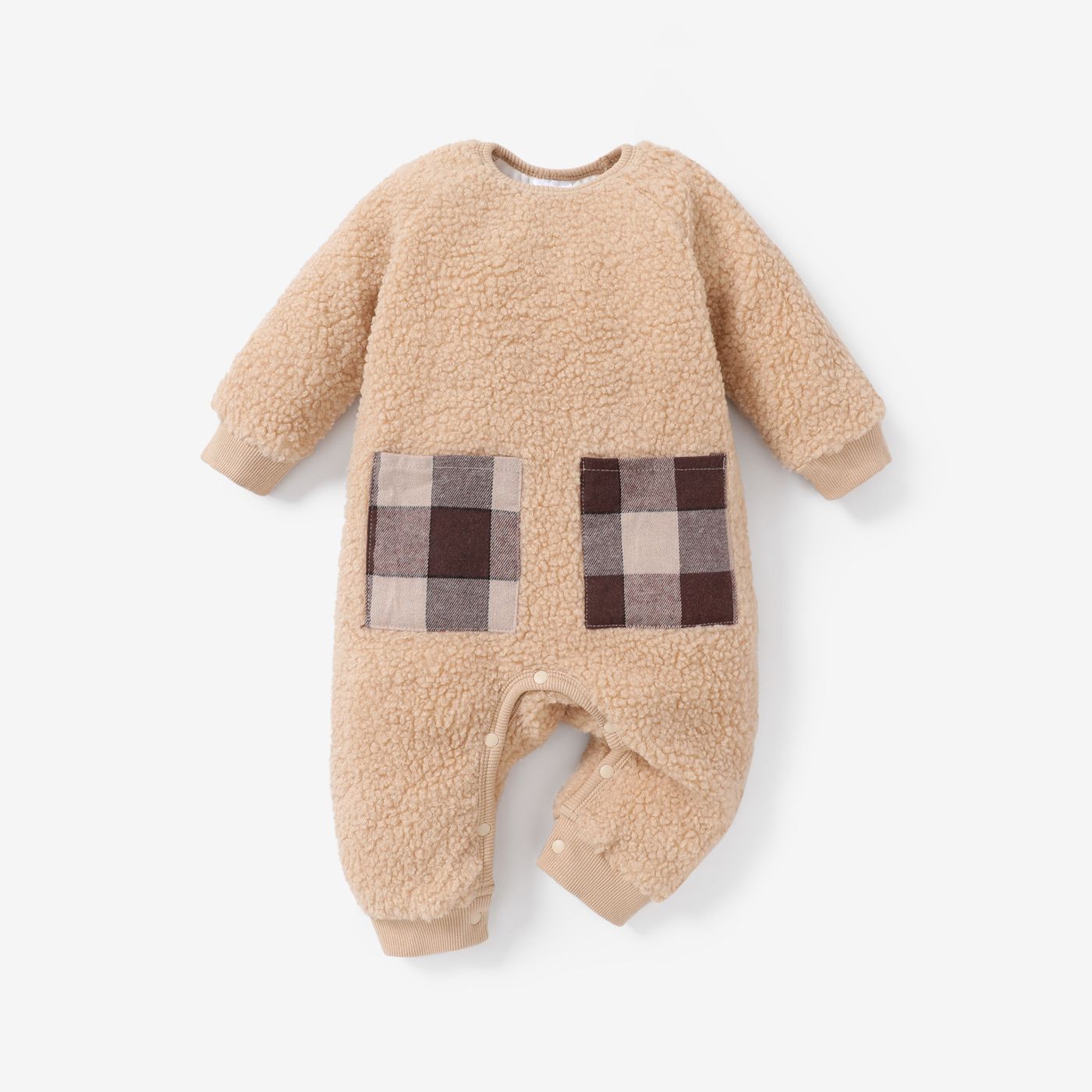 

Baby Boy/Girl Long-sleeve Fleece Jumpsuit with Contrast Plaid Pockets