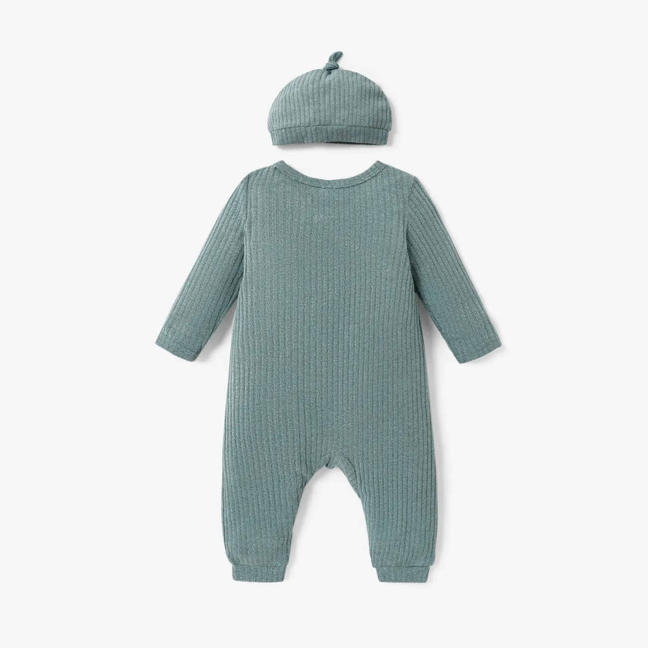 2pcs Baby Boy/Girl Solid Rib Knit Button Front Long-sleeve Jumpsuit with Hat Set Green big image 1