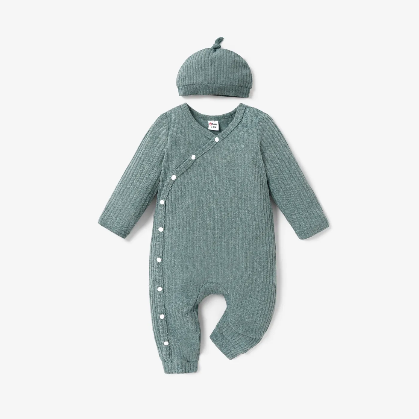2pcs Baby Boy/Girl Solid Rib Knit Button Front Long-sleeve Jumpsuit With Hat Set