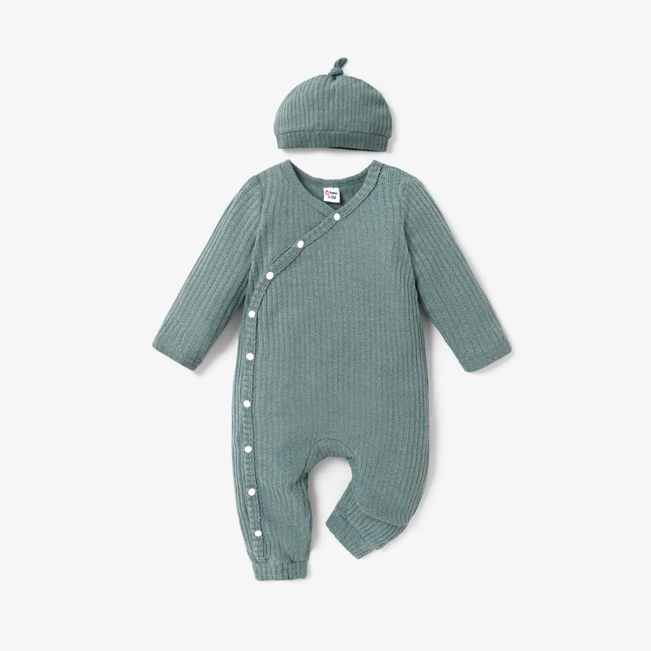 2pcs Baby Boy/Girl Solid Rib Knit Button Front Long-sleeve Jumpsuit with Hat Set Green big image 1