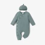 2pcs Baby Boy/Girl Solid Rib Knit Button Front Long-sleeve Jumpsuit with Hat Set Green