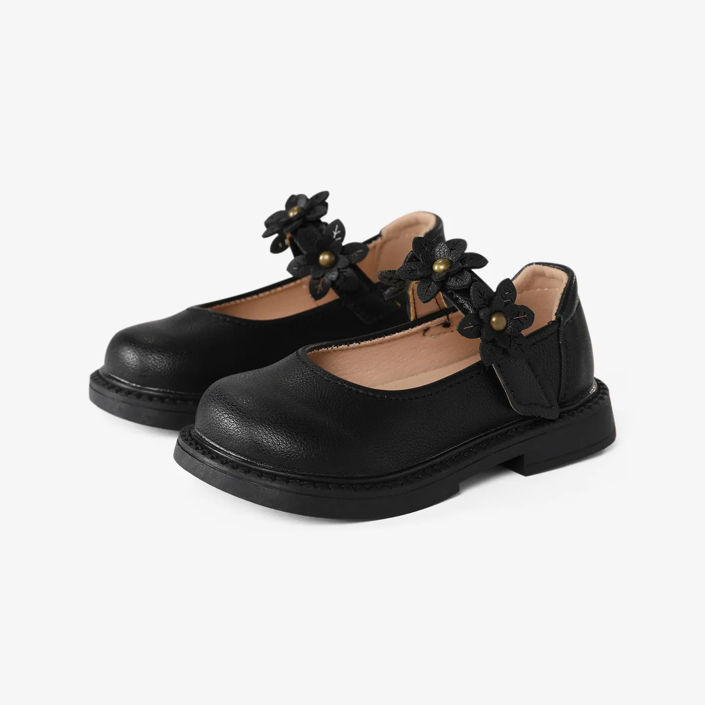  Toddler & Kids Floral Decor Velcro Leather Shoes Black