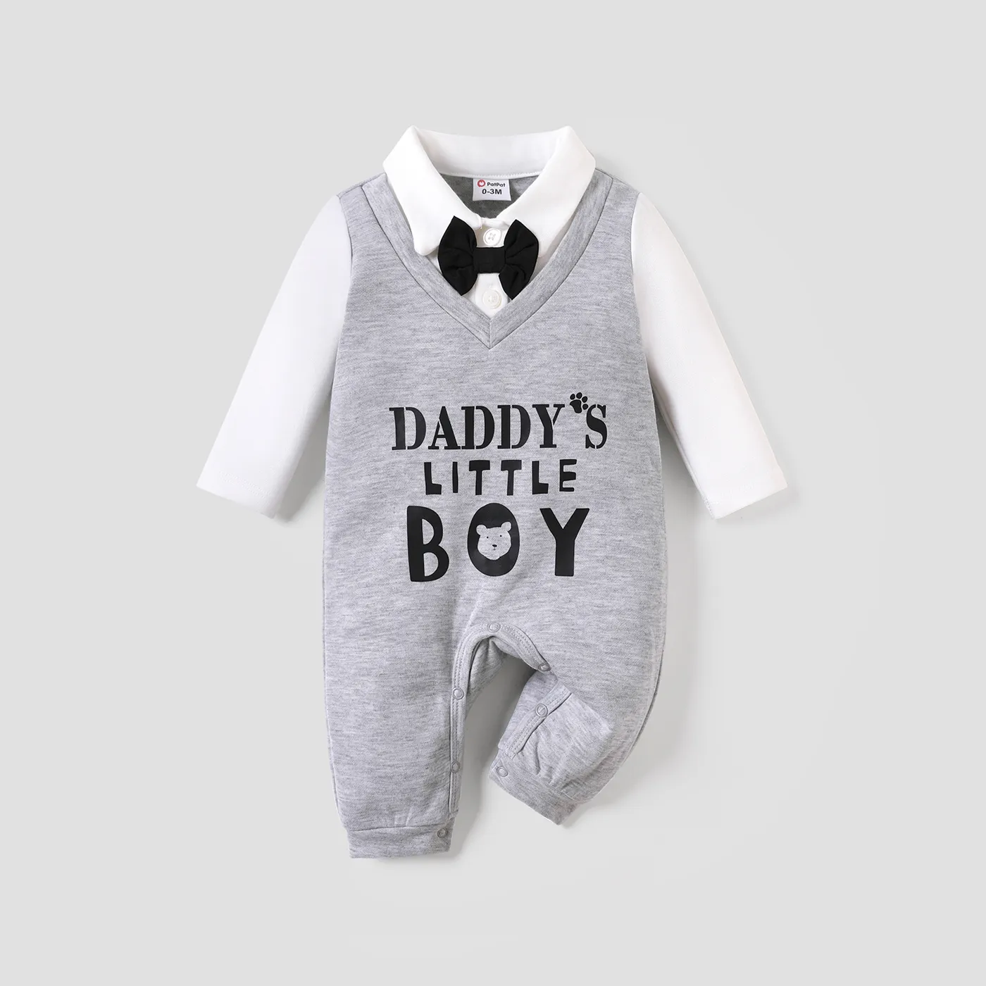 Baby Boy Classic Letter Bow Tie Gentleman Long Sleeve Lapel Collar Jumpsuit  big image 1