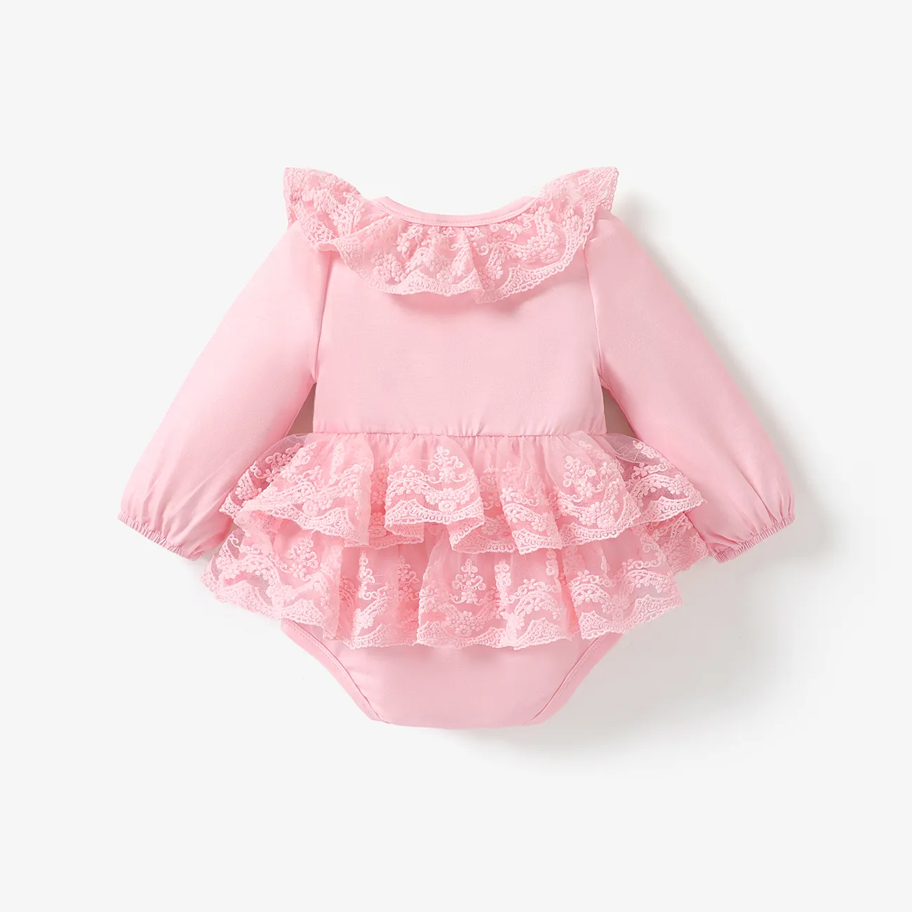 嬰兒 女 荷葉邊 甜美 長袖 連身衣 粉色 big image 1