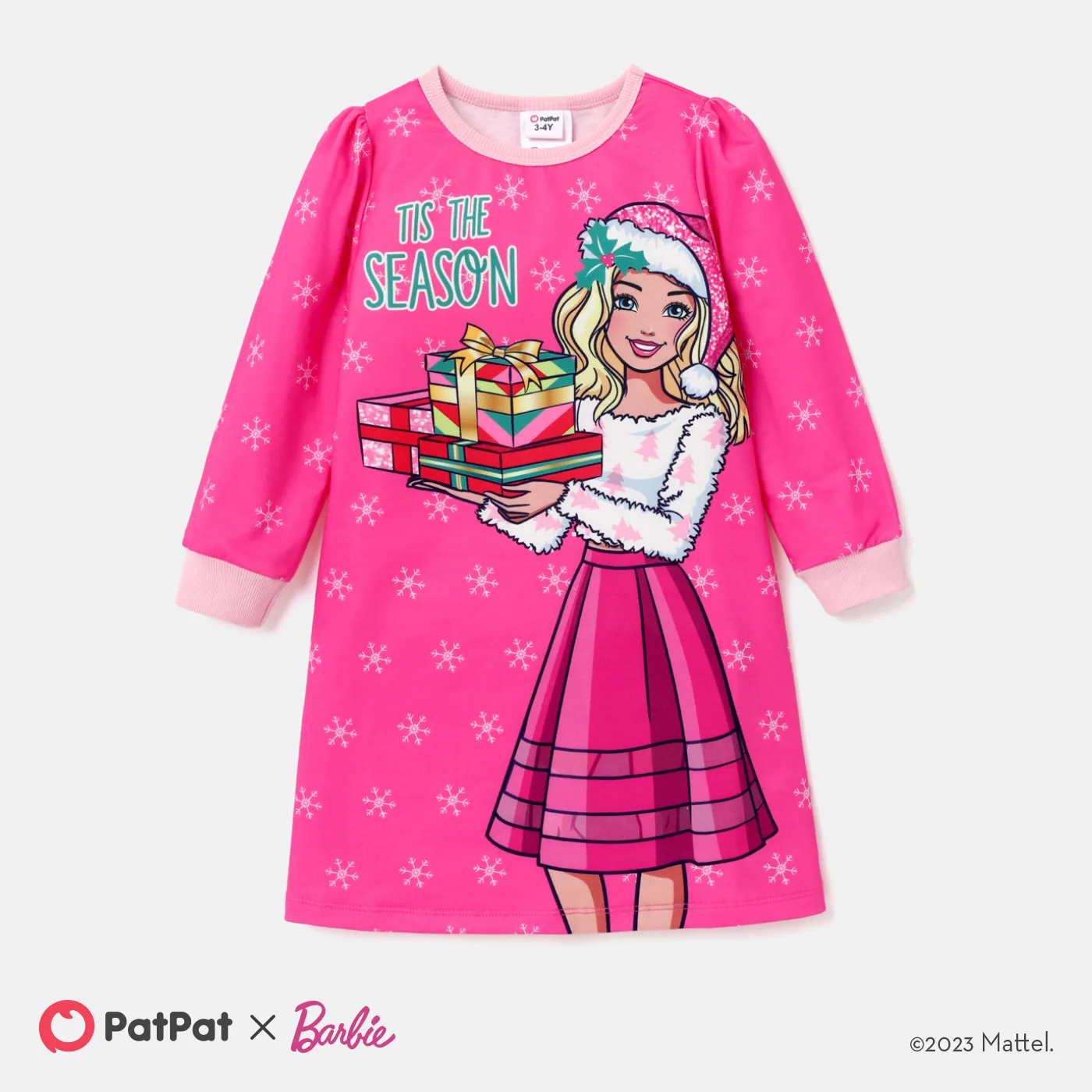 Barbie Toddler Girl Christmas Snowflake Print Long-sleeve Dress Hot Pink