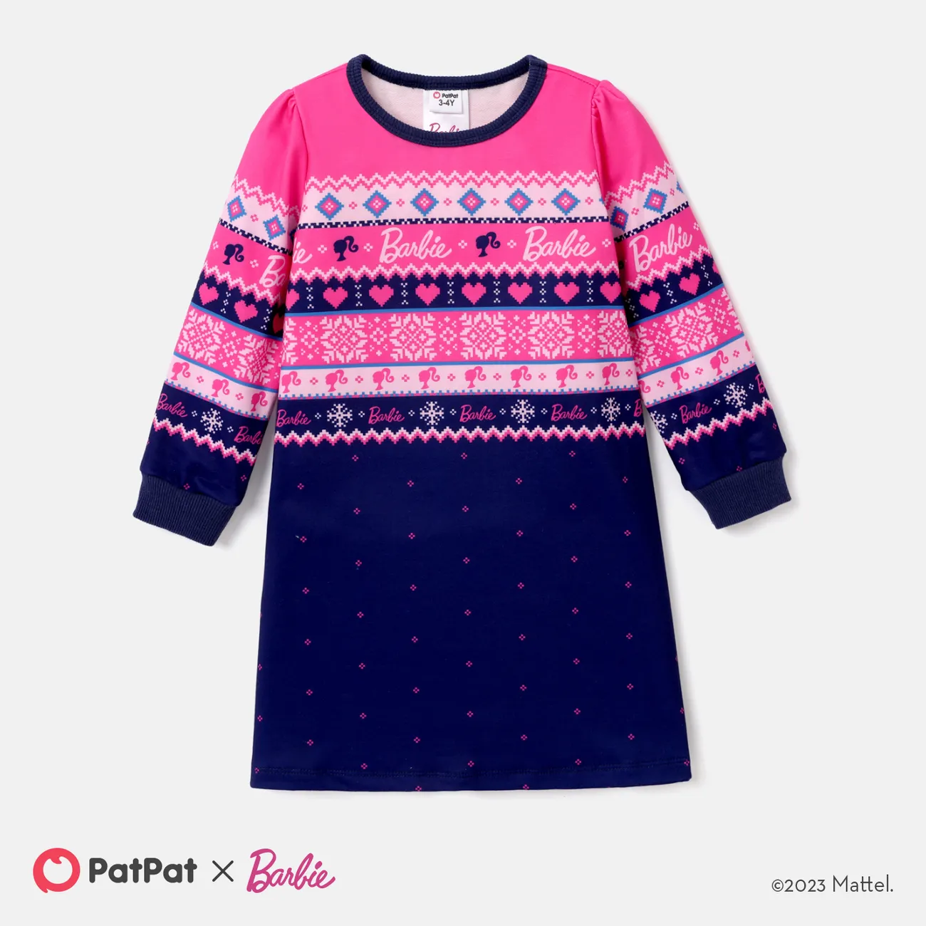Barbie Toddler Girl Christmas Snowflake Print Long-sleeve Dress Deep Blue big image 1