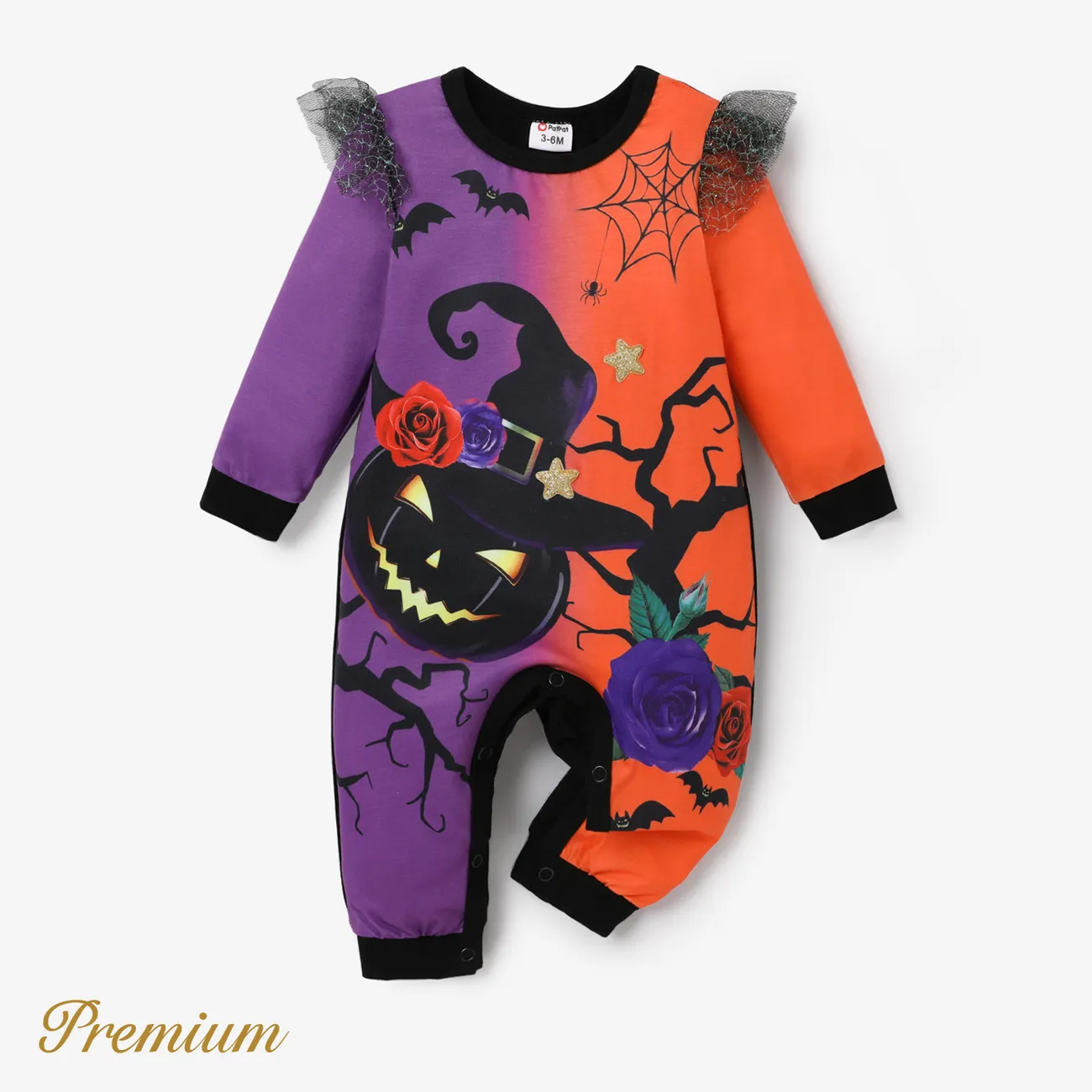 Baby Girl Halloween Cotton Jumpsuit with Ruffle Edge Black big image 1