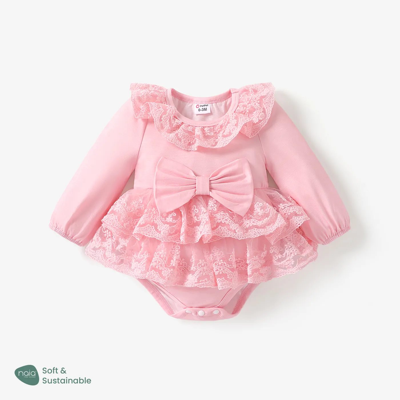 Baby Girl Naia Sweet Bowknot Solid Color Ruffle Edge Romper Pink big image 1